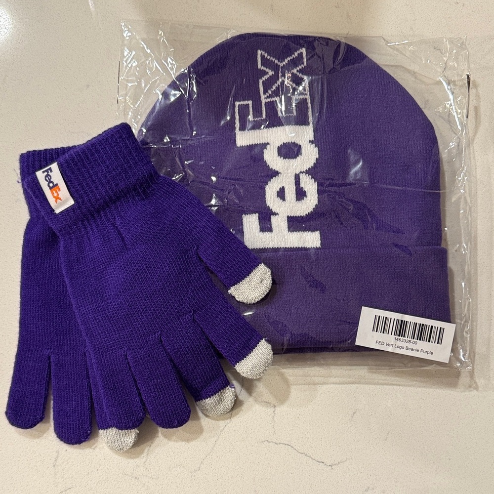 FedEx Purple and White Beanie and Gloves Set